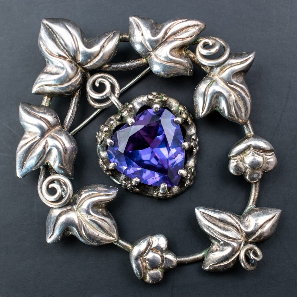 Grapevine branch brooch, very large art nouveau brooch pin sterling silver